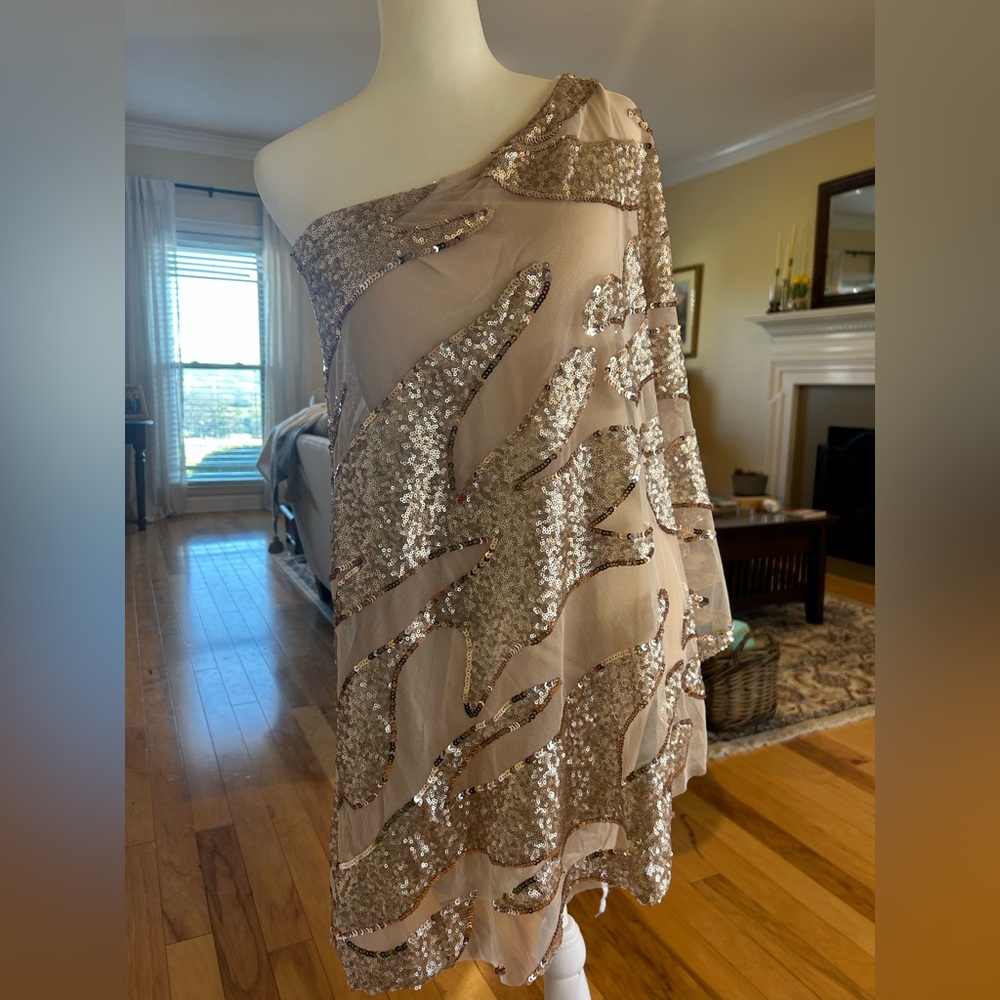 NWT Bebe Corsican Nights Moore Asymmetrical One-Shoulder Sequin Mini Dress - Picture 12 of 14